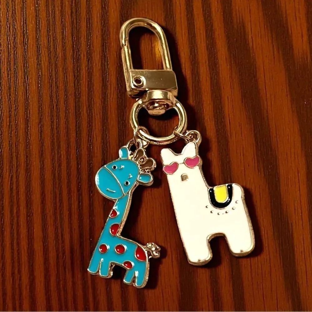 Cute Blue Giraffe and White Llama Keychain Zipper Pull